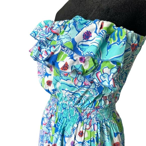 Lilly Pulitzer Dress Quincy Worth Blue May Flowers Strapless Beach Vacation S - Picture 9 of 14